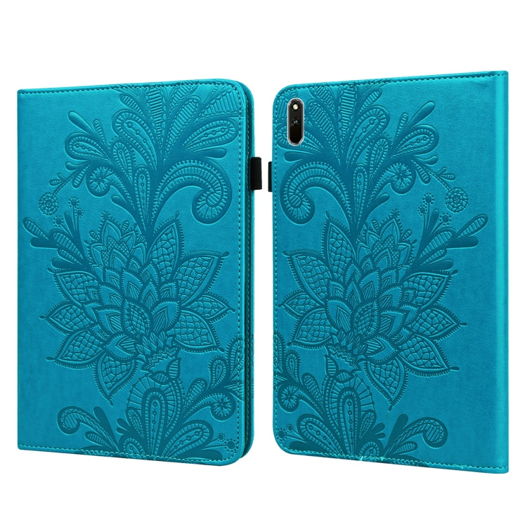 Blue leather tablet case with embossed lace floral pattern and fold-over cover