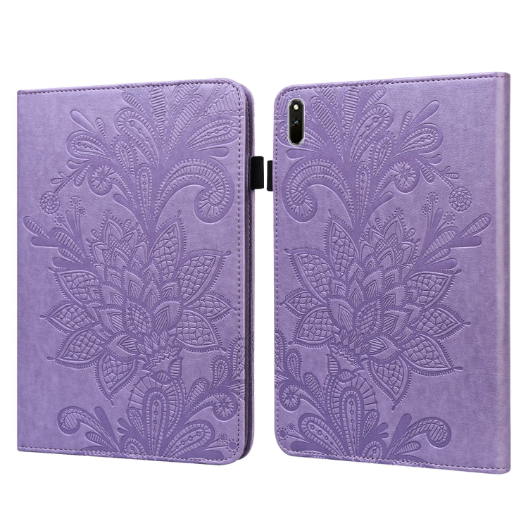 Purple leather tablet case with embossed lace floral pattern and fold-over cover