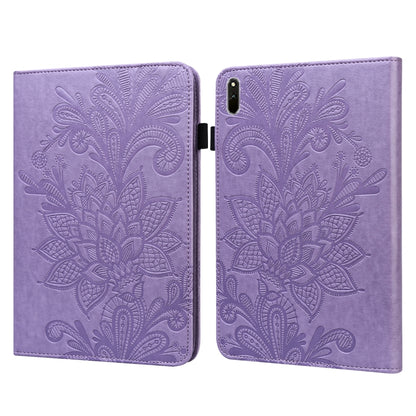 Purple leather tablet case with embossed lace floral pattern and fold-over cover