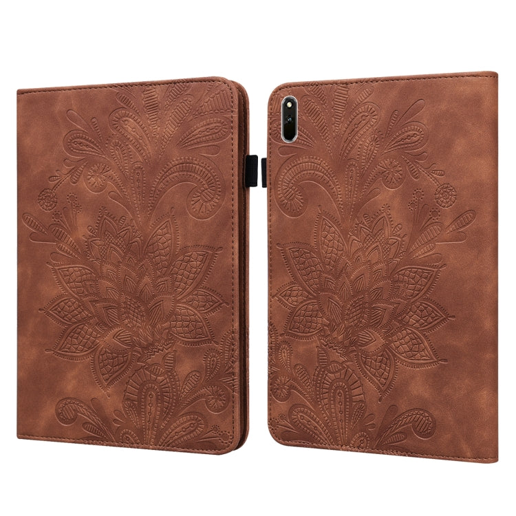 Brown leather tablet case with embossed lace floral pattern and fold-over cover