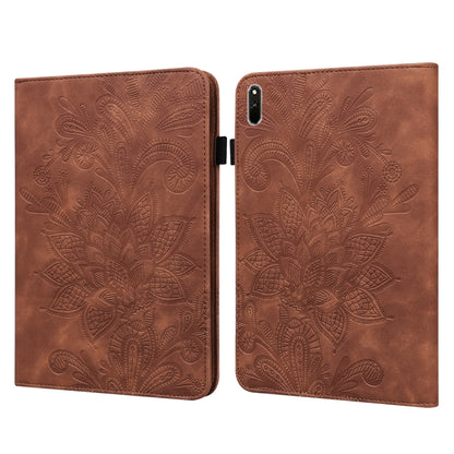 Brown leather tablet case with embossed lace floral pattern and fold-over cover
