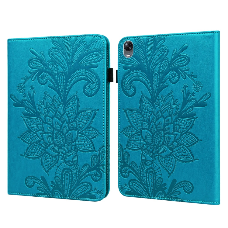 Blue embossed floral lace tablet folio case with magnetic clasp and camera cutout