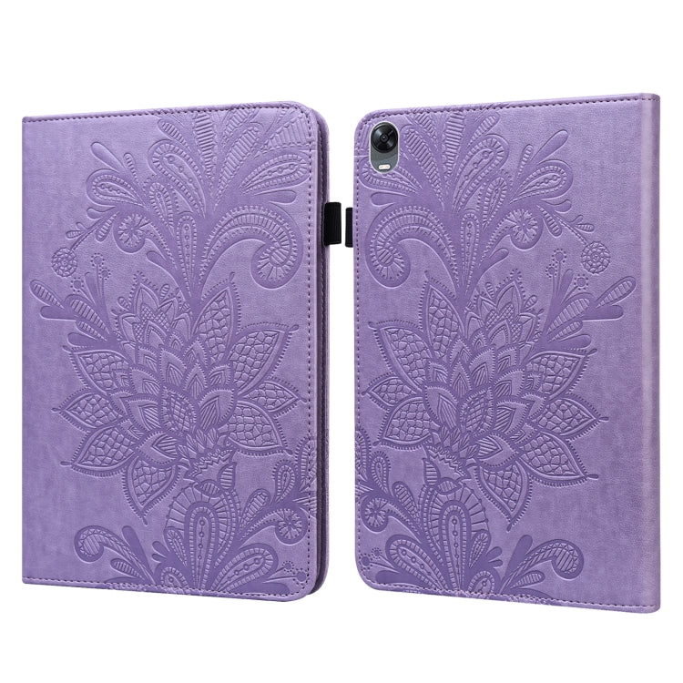 Purple embossed floral lace tablet folio case with magnetic clasp and camera cutout