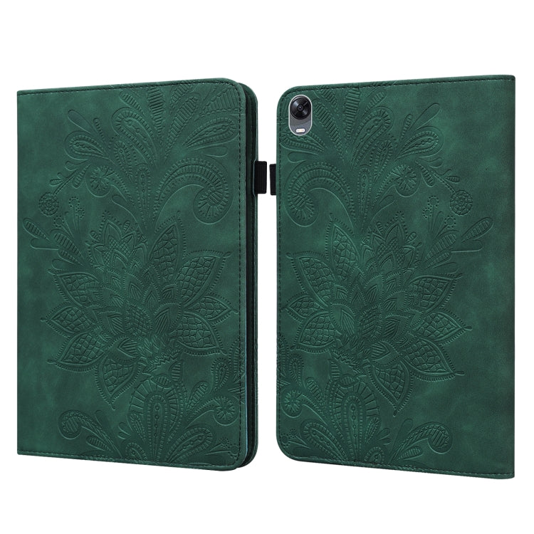 Green embossed floral lace tablet folio case with magnetic clasp and camera cutout