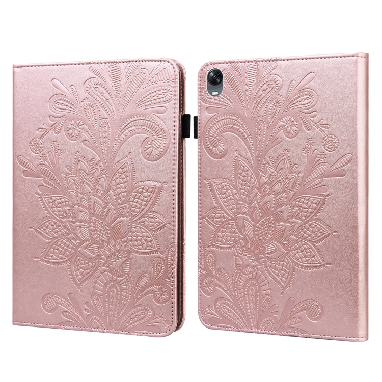 Pink embossed floral lace tablet folio case with magnetic clasp and camera cutout