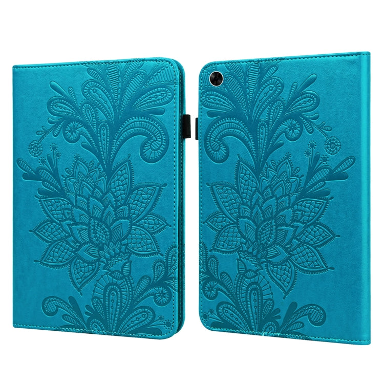 Blue embossed floral lace tablet folio case with magnetic clasp and camera cutout