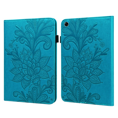 Blue embossed floral lace tablet folio case with magnetic clasp and camera cutout
