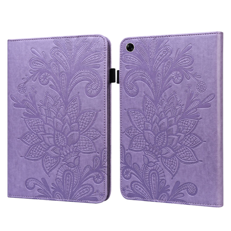 Purple embossed floral lace tablet folio case with magnetic clasp and camera cutout