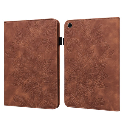Brown embossed floral lace tablet folio case with magnetic clasp and camera cutout