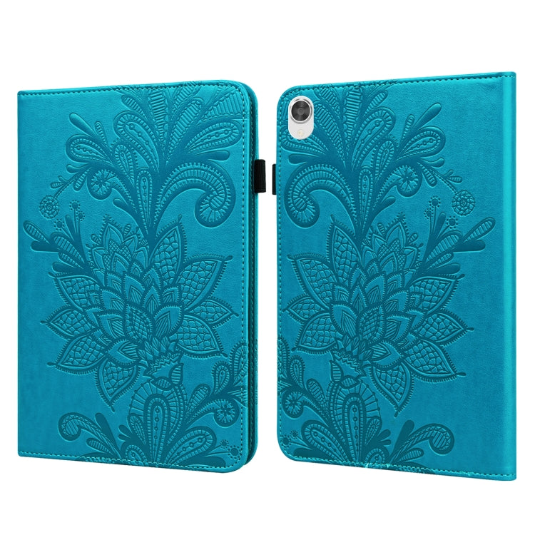 Book-style tablet case with embossed floral lace pattern, teal with magnetic clasp.