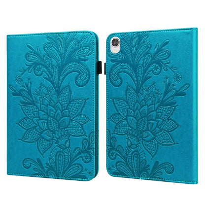 Book-style tablet case with embossed floral lace pattern, teal with magnetic clasp.