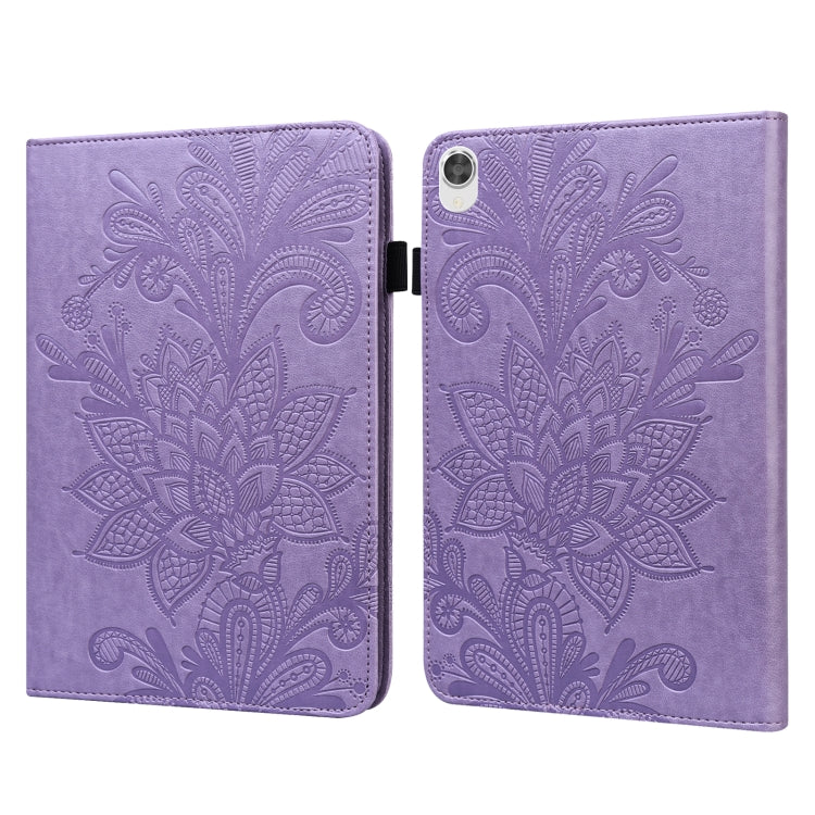 Book-style tablet case with embossed floral lace pattern, lavender with magnetic clasp.