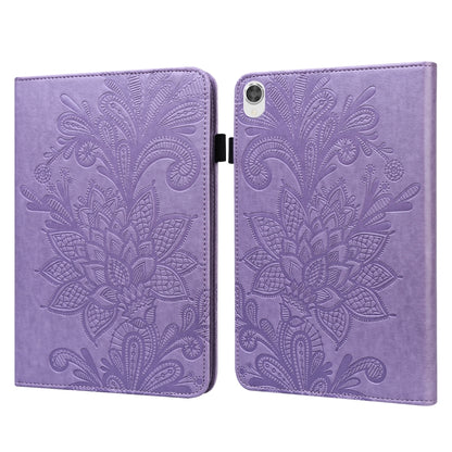 Book-style tablet case with embossed floral lace pattern, lavender with magnetic clasp.