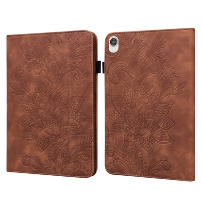 Book-style tablet case with embossed floral lace pattern, brown with magnetic clasp.