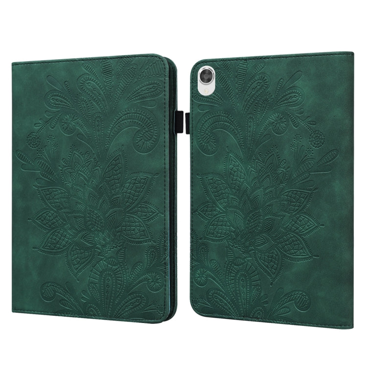 Book-style tablet case with embossed floral lace pattern, dark green with magnetic clasp.
