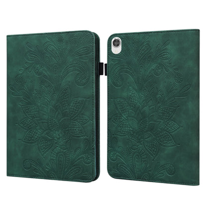 Book-style tablet case with embossed floral lace pattern, dark green with magnetic clasp.