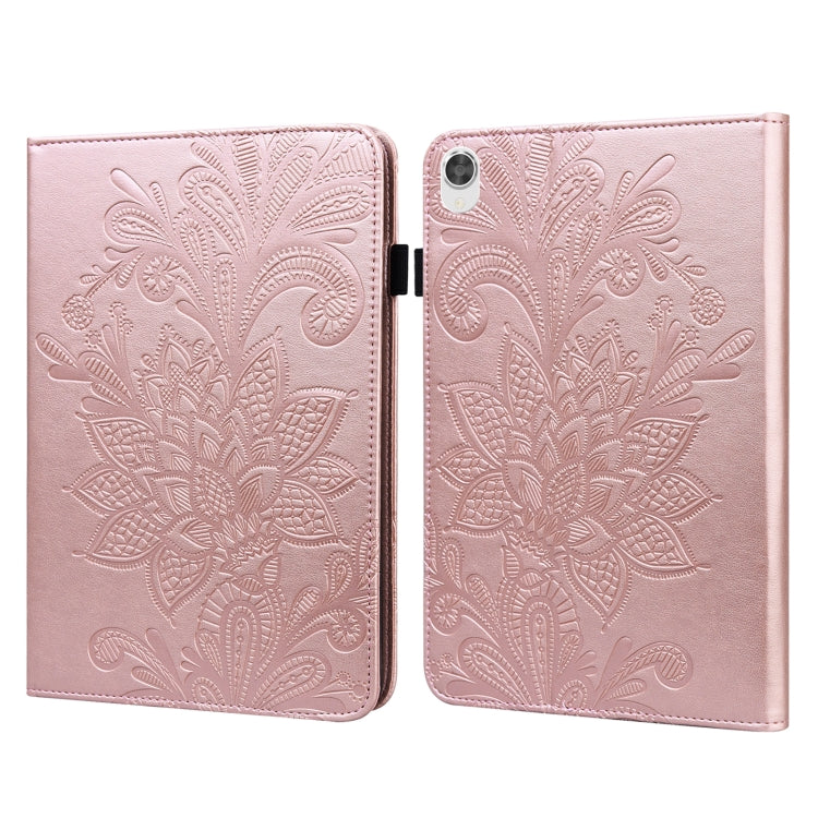 Book-style tablet case with embossed floral lace pattern, light pink with magnetic clasp.