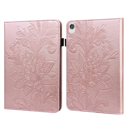 Book-style tablet case with embossed floral lace pattern, light pink with magnetic clasp.
