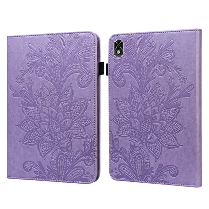 Book-style tablet case with embossed floral lace pattern, purple with magnetic clasp.