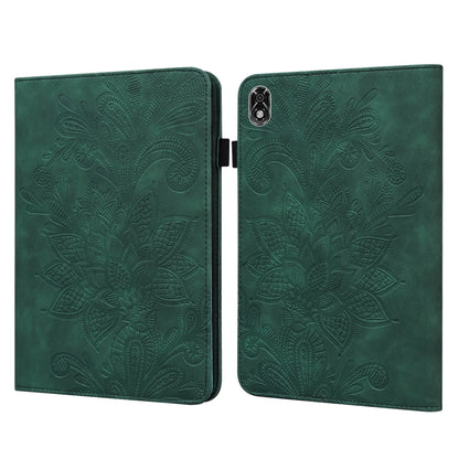 Book-style tablet case with embossed floral lace pattern, deep green with magnetic clasp.
