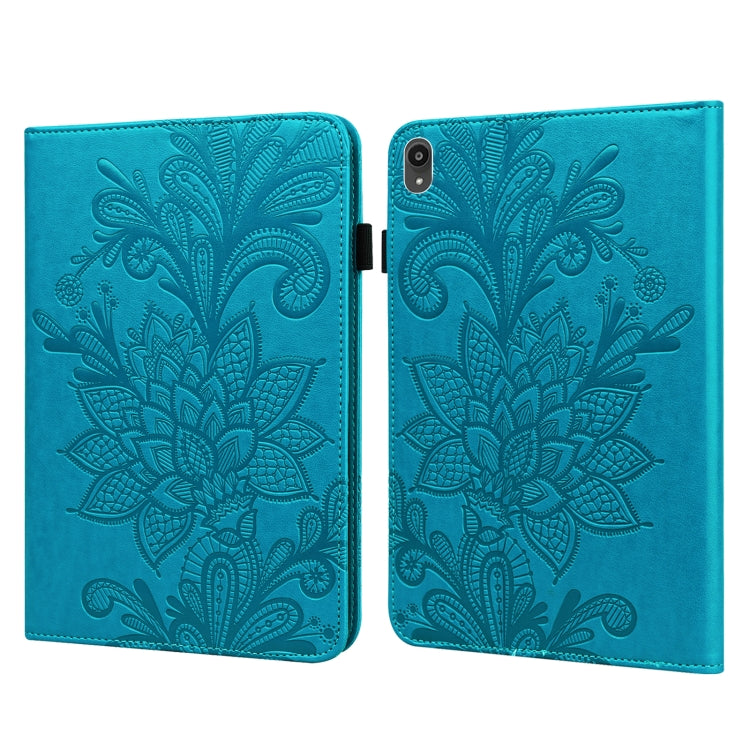 Blue embossed floral lace tablet case with flip cover and camera cutout