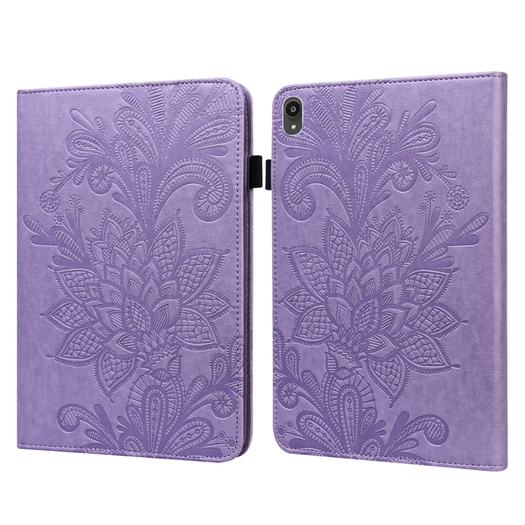 Purple embossed floral lace tablet case with flip cover and camera cutout