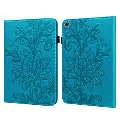 Blue embossed leather-style tablet case with lace flower pattern, magnetic flip cover