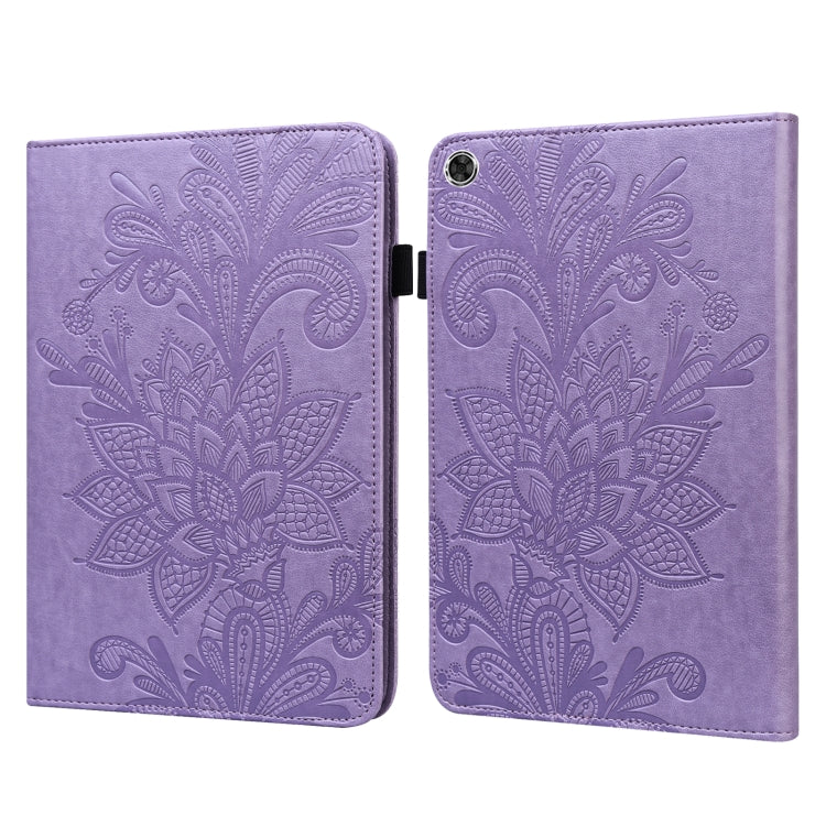 Purple embossed leather-style tablet case with lace flower pattern, magnetic flip cover