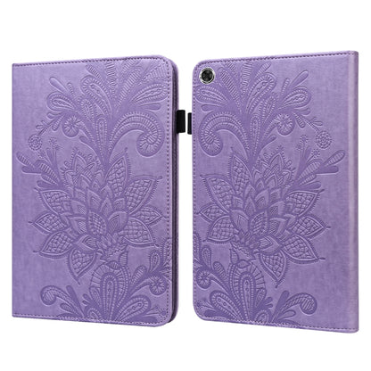 Purple embossed leather-style tablet case with lace flower pattern, magnetic flip cover