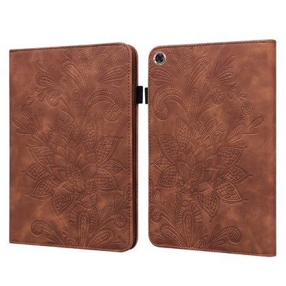 Brown embossed leather-style tablet case with lace flower pattern, magnetic flip cover