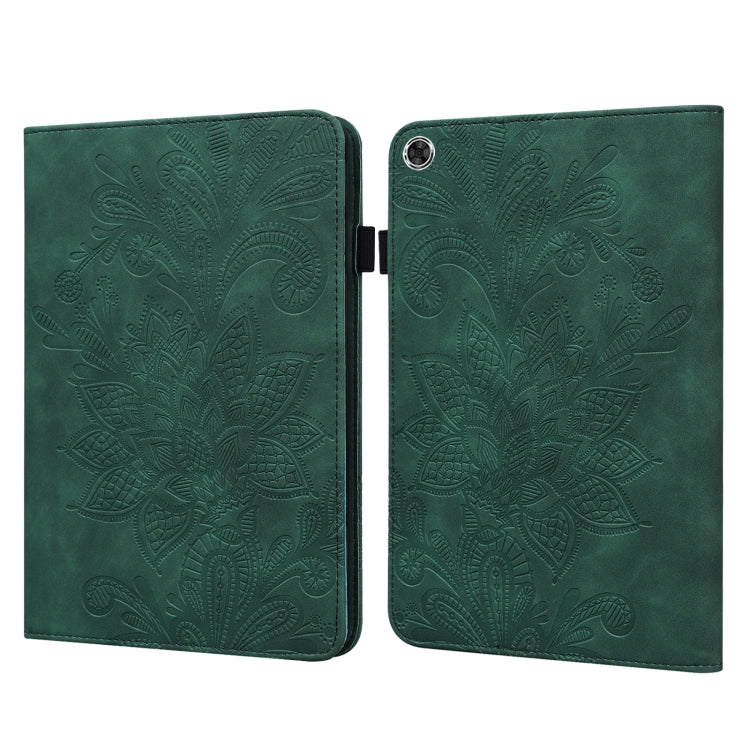 Green embossed leather-style tablet case with lace flower pattern, magnetic flip cover
