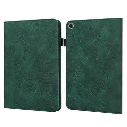 Green embossed leather-style tablet case with lace flower pattern, magnetic flip cover