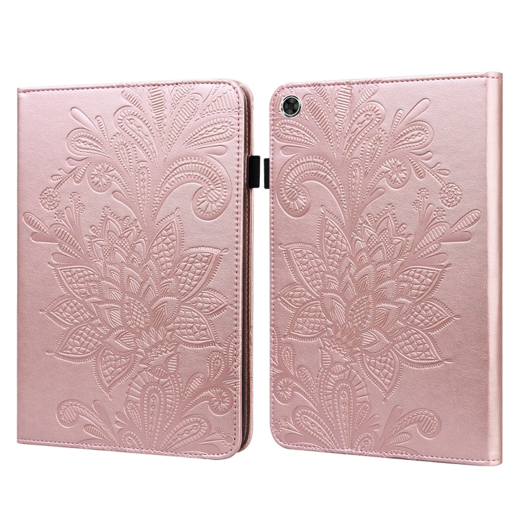 Pink embossed floral tablet case with lace flower relief, open flip cover design