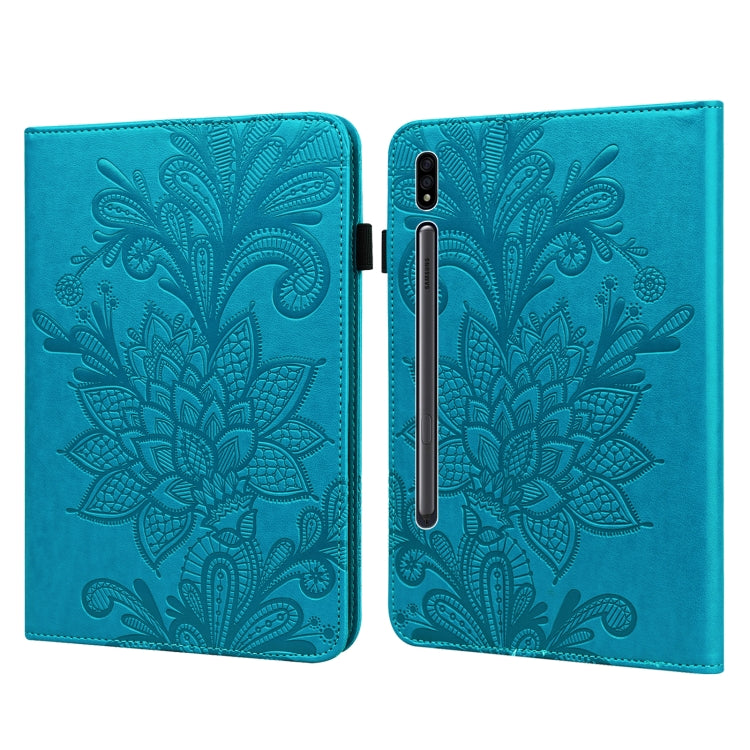 Blue embossed floral tablet case with lace flower relief, open flip cover design