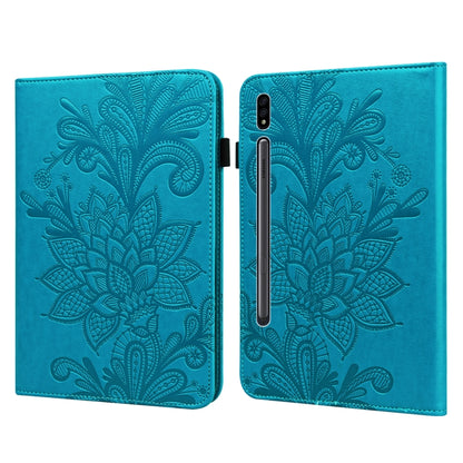 Blue embossed floral tablet case with lace flower relief, open flip cover design