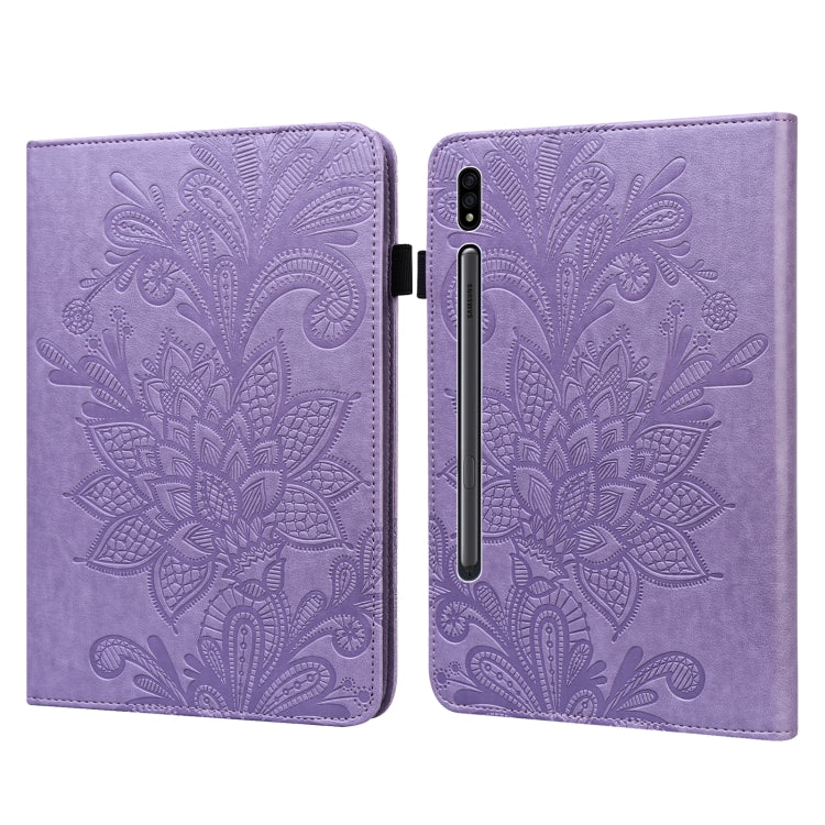 Purple embossed floral tablet case with lace flower relief, open flip cover design