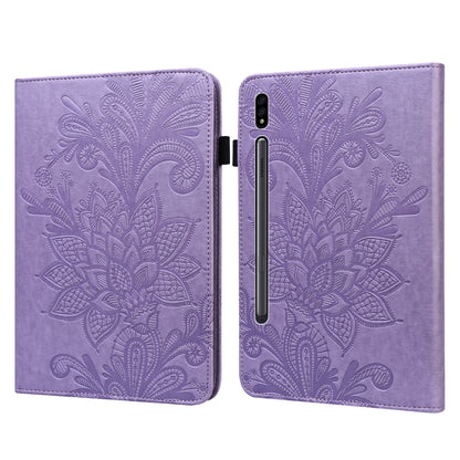 Purple embossed floral tablet case with lace flower relief, open flip cover design