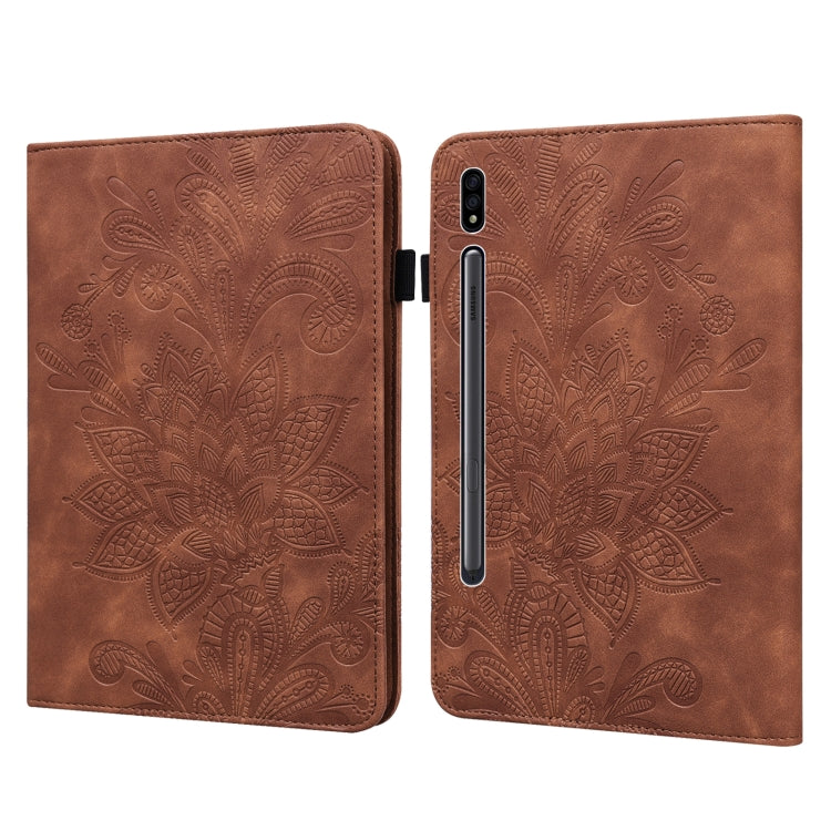 Brown embossed floral tablet case with lace flower relief, open flip cover design