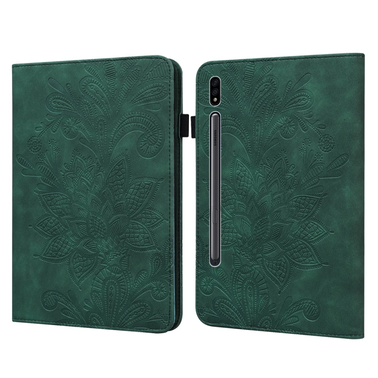Green embossed floral tablet case with lace flower relief, open flip cover design