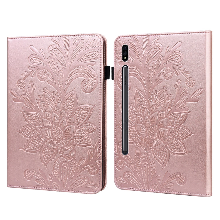 Pink lace-embossed leather tablet folio case with floral pattern and side camera cutout.