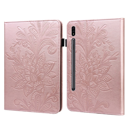 Pink lace-embossed leather tablet folio case with floral pattern and side camera cutout.