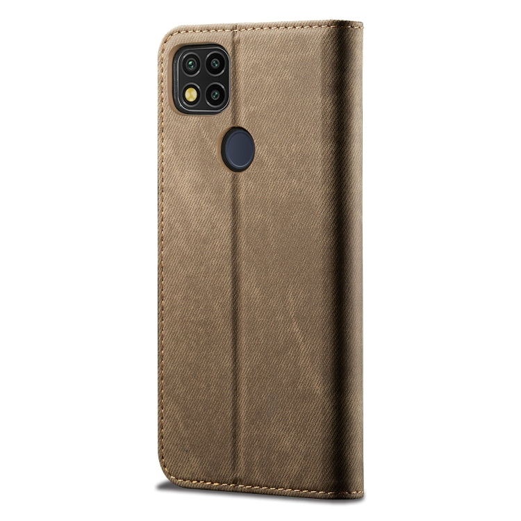 Khaki denim texture leather phone case with camera cutouts and circular button