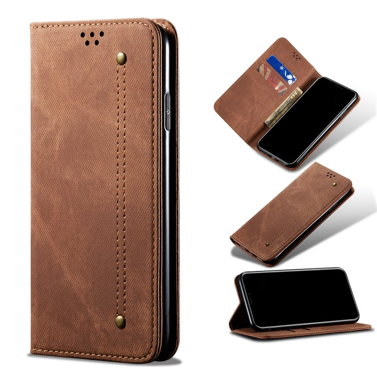 Brown denim texture leather phone case with magnetic snap and side stitching