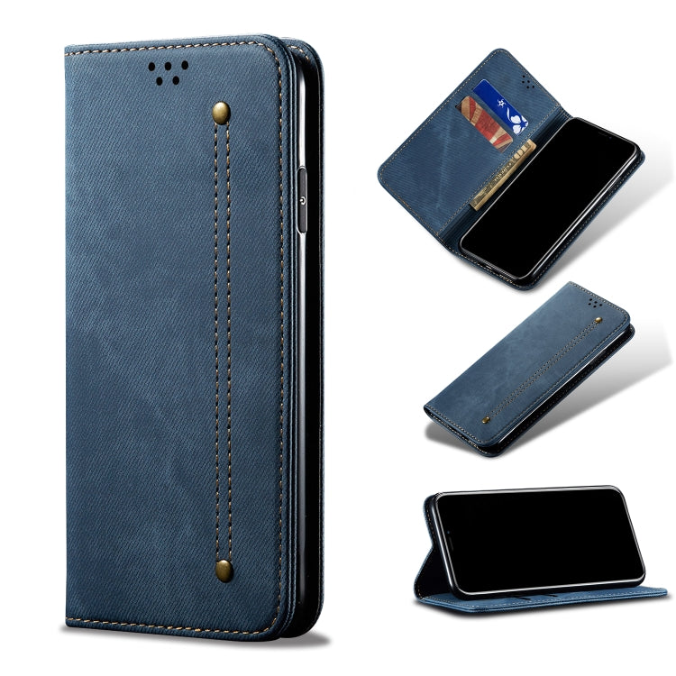 Blue denim texture leather phone case with magnetic snap and stitched details