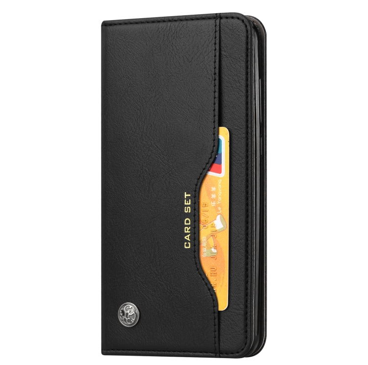 Black flip leather phone case, side view showing card slot pocket