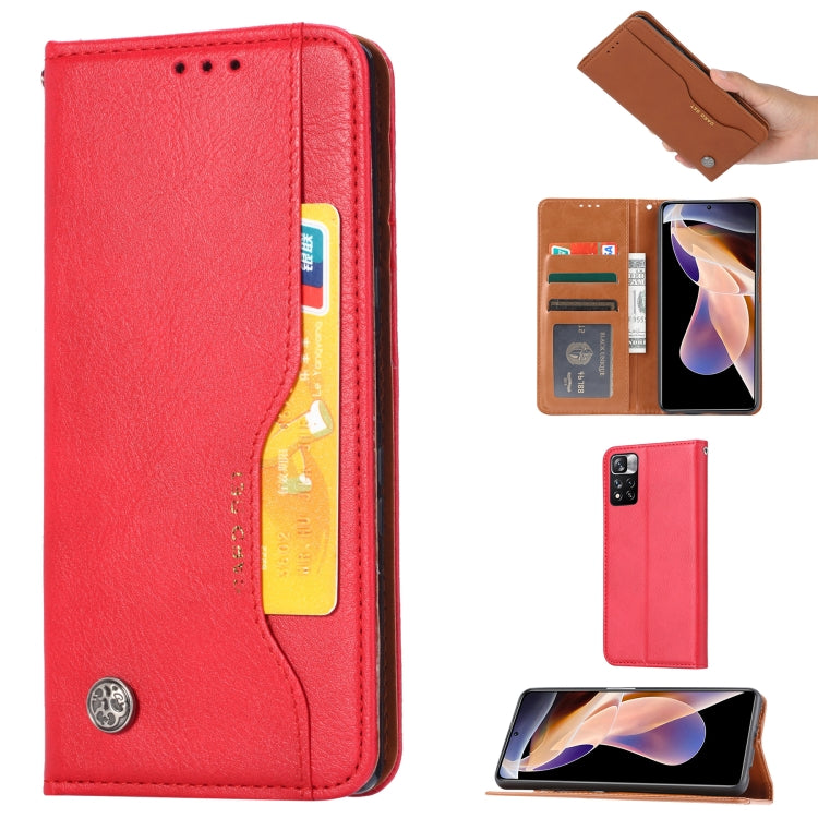 Red horizontal flip leather phone case with card slot pocket and logo button