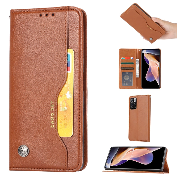 Brown horizontal flip leather phone case with card slot pocket and logo button