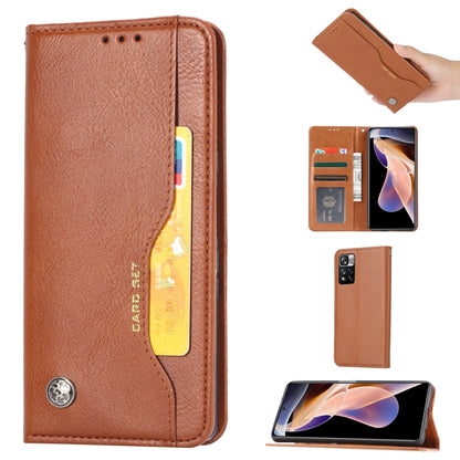 Brown horizontal flip leather phone case with card slot pocket and logo button