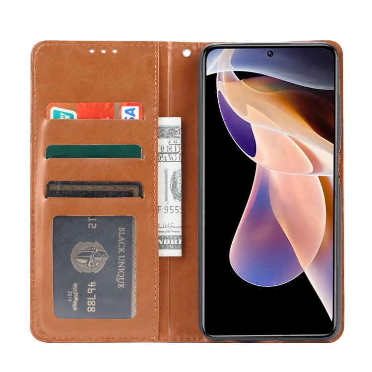 Brown horizontal flip leather phone case with card slots and magnetic closure