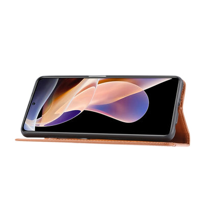 Brown leather flip case with phone cover open, side view